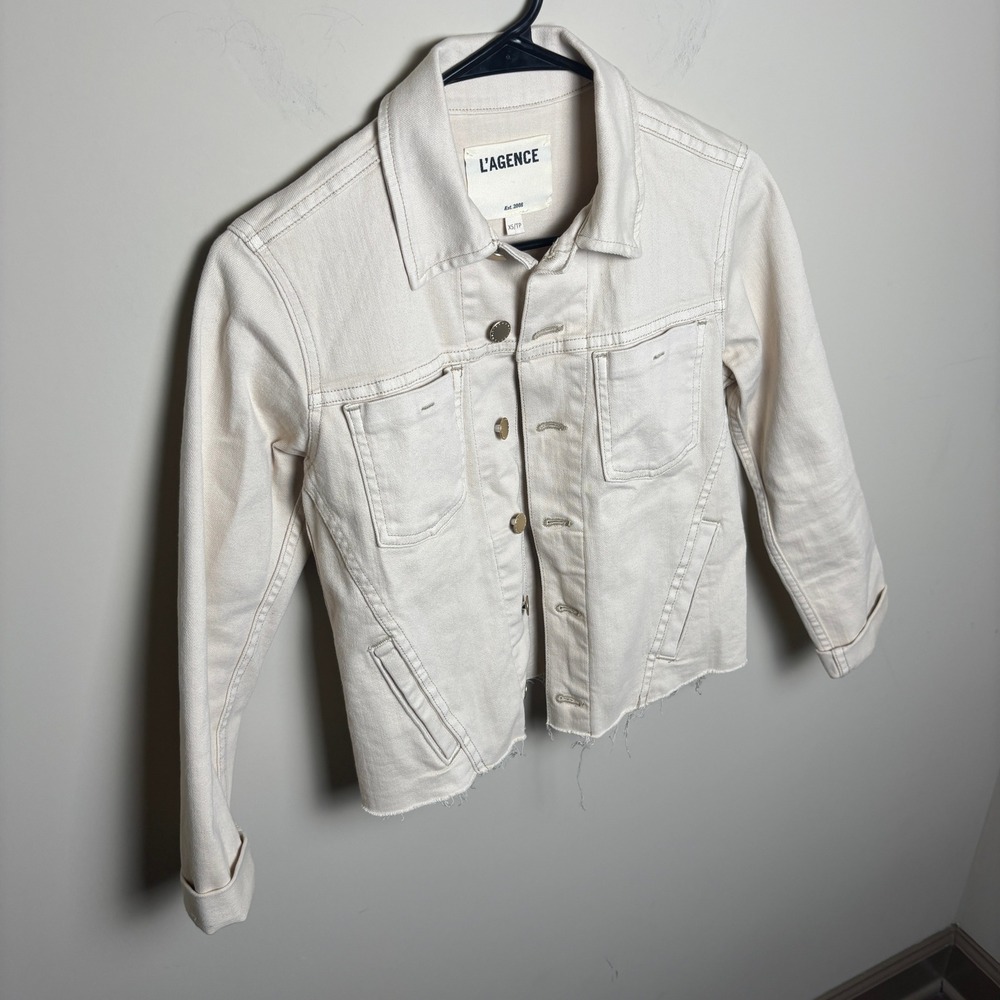 L'AGENCE Janelle Beige Cream Frayed Raw Hem Cropped Denim Jean Jacket Women XS - Picture 4 of 11